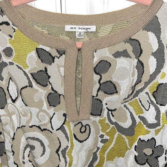 ST. JOHN Yellow White Black Abstract Floral Wool Blend Knit Pullover Small - Picture 2 of 13